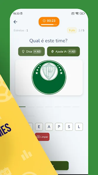 Tela do jogo Logos Times do Brasil com um desafio de escudo de futebol